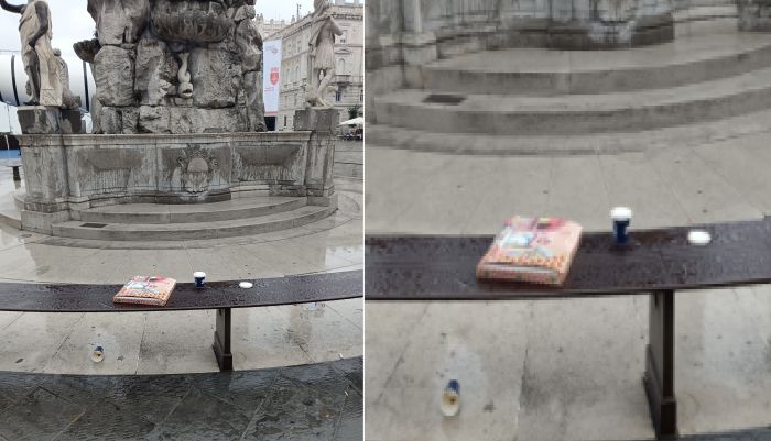 "Piazza Unità, simbolo di Trieste turistica, tra tazze e cartoni lasciati sulla panchina"