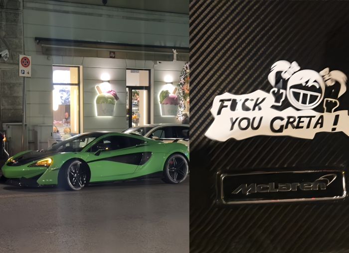 Via Fabio Severo, avvistata McLaren con adesivo provocatorio: "Fu*k You Greta"