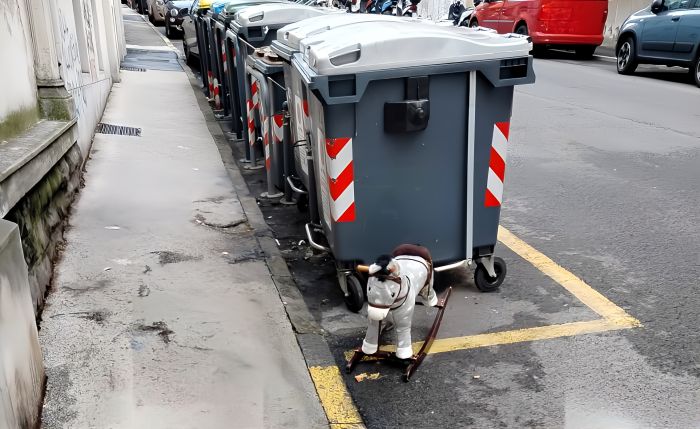 Un cavallino a dondolo abbandonato tra i cassonetti: curiosa segnalazione in via Commerciale