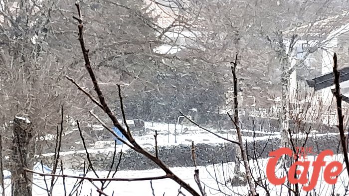 Tormenta di neve sul Carso, Opicina sotto una fitta nevicata nel primo pomeriggio