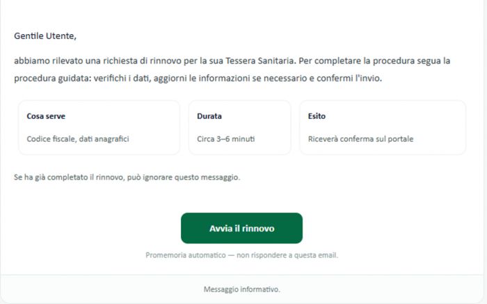 “False email sul rinnovo della tessera sanitaria: allarme phishing, non cliccate”