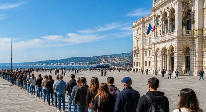 Trieste, proposta di flash mob fa ridere: “Fila infinita per niente” in piazza Unità