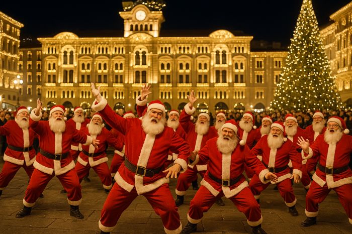 Accensione luminarie, proposta di un colpo di scena: Babbi Natale “stanchi” invadono piazza Unità