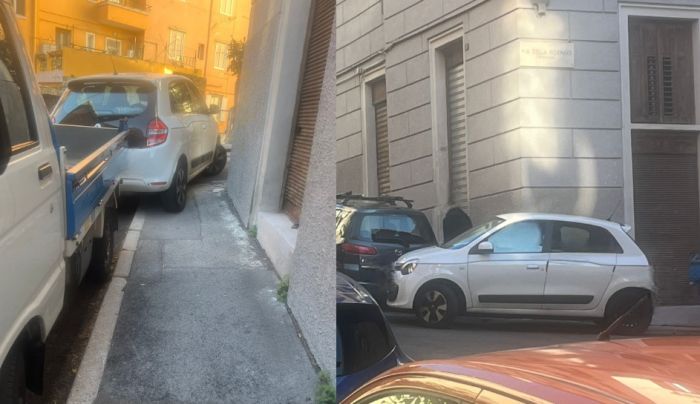 Parcheggio selvaggio a Trieste, marciapiede bloccato in Via Risorta
