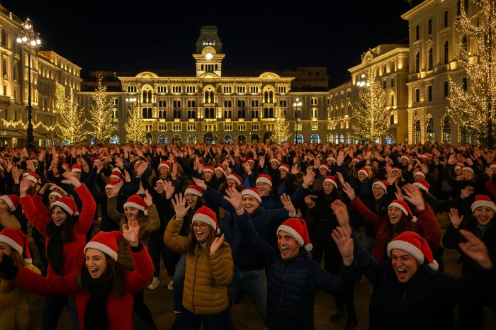 Due triestini lanciano la “Macarena di Natale”: flash mob con cappelli rossi per inaugurare le feste