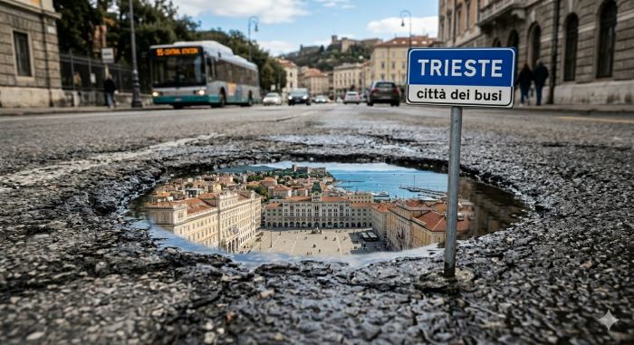Trieste, una buca diventa simbolo urbano: “La città si riflette nel degrado delle strade”