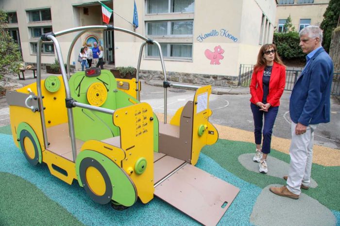 Nuovi giochi inclusivi all'esterno delle scuole dell'infanzia, al via alla Pollitzer e alla Kamillo Kromo (FOTO)