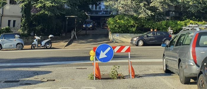 Piazzale De Gasperi: transenna "dimenticata" da oltre due mesi su un tombino, cresce un alberello