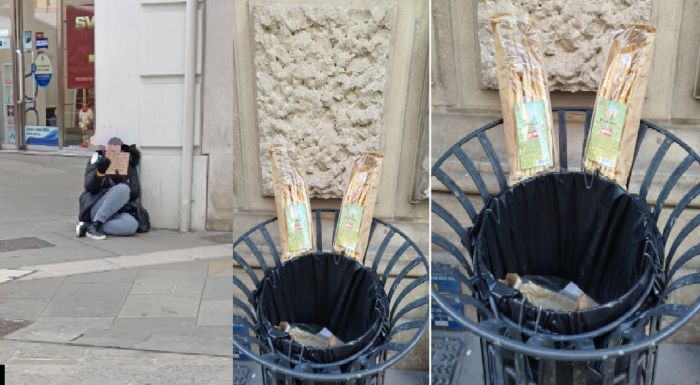 Mendicante dei grissini gettati segnalata oggi in piazza della Borsa: nuova foto di un lettore