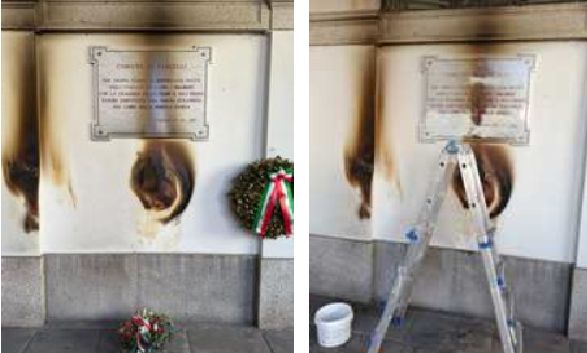 Vercelli, vandali danno fuoco alle corone d'alloro sotto la targa dedicata ai Martiri delle foibe