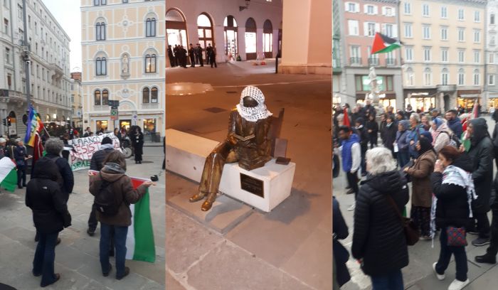Piazza della Borsa si colora di bandiere palestinesi: Trieste scende in piazza contro il genocidio a Gaza