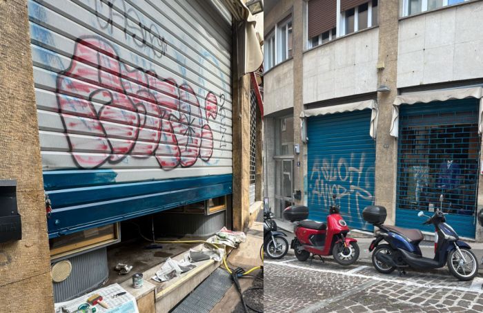 Sfregio su saracinesca del negozio, FabTailors risponde con ironia e pennello