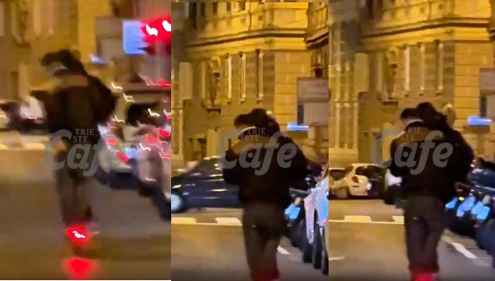 Trieste, due giovani in pattino elettrico senza casco sfrecciano in via Piccardi (VIDEO)