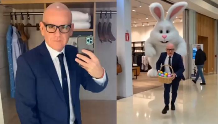 “Buona Pasqua” tra risate e morbin: Giorgi scappa dal maxi coniglio con il cesto di uova (VIDEO)