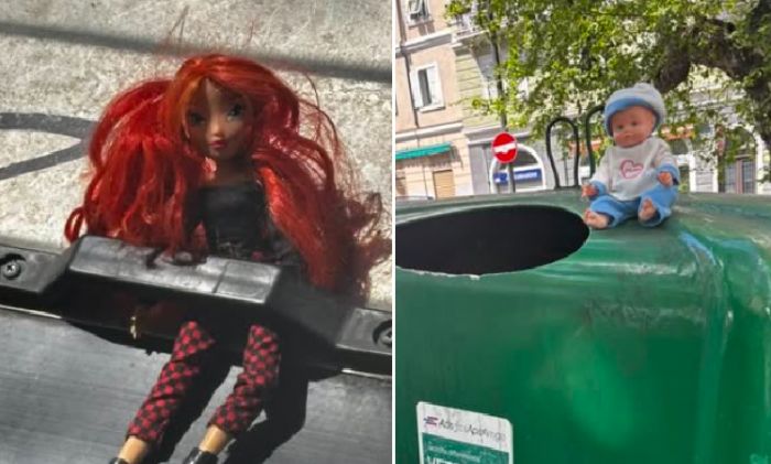 Piazza Vico, bambole agganciate ai bottini dei rifiuti:: “Qualcuno le adotti” 