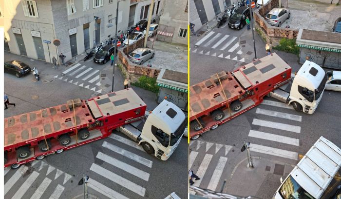 Camion eccezionale incastrato tra via Vergerio e via Settefontane: traffico rallentato nel pomeriggio