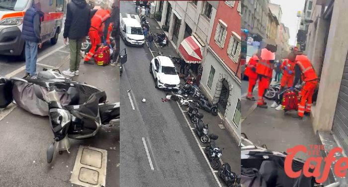 Schianto in centro a Trieste, auto impazzita colpisce scooter e una mamma con la figlia (VIDEO)