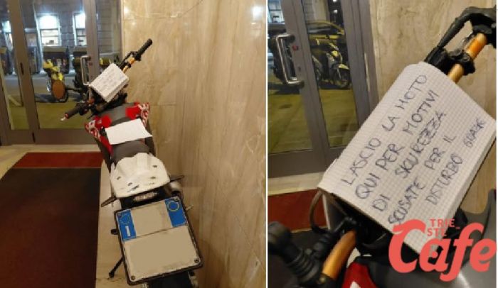 Trieste, moto parcheggiata nell’androne del condominio con biglietto: “Messa qui per sicurezza”