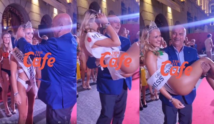 Il Sindaco festeggia la nuova Miss Trieste 2023 Giulia prendendola in braccio. gioia e tripudio!! (VIDEO)