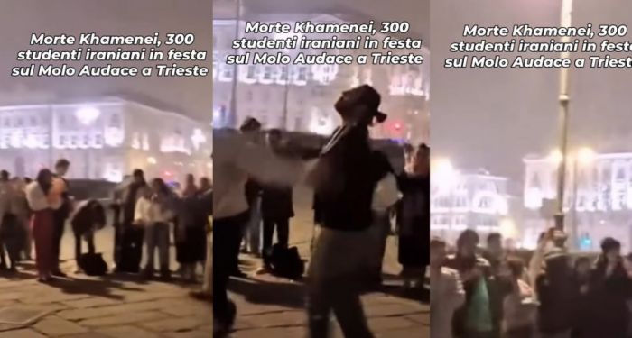Studenti iraniani festeggiano la morte di Khamenei sul Molo Audace a Trieste