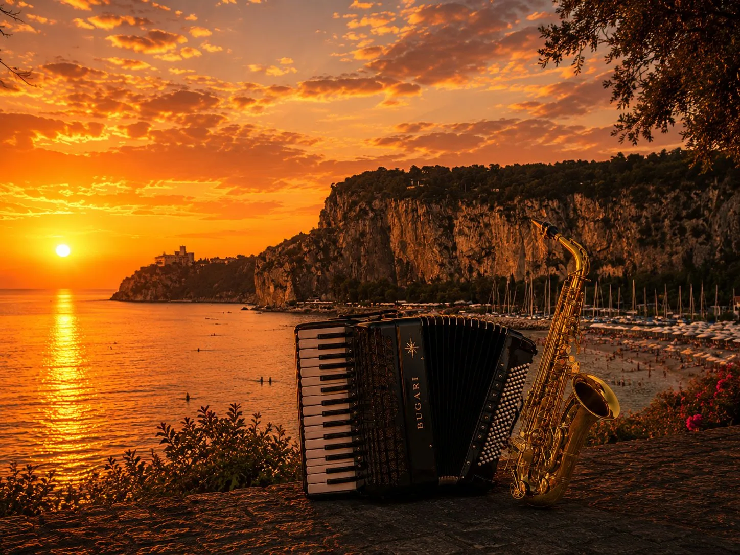 Musica al tramonto a Castelreggio: fisarmonica e sax protagonisti nella Baia di Sistiana