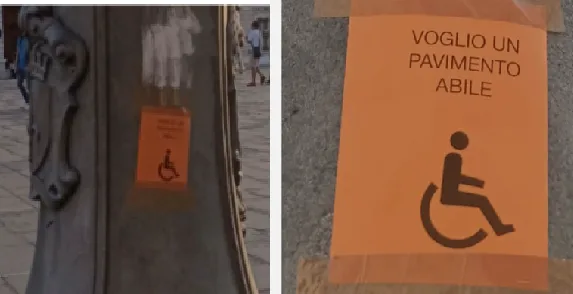 Piazza Unità, “Voglio un pavimento abile”: cartello punta il dito contro condizioni della pavimentazione